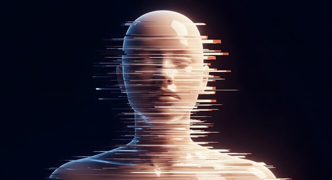 Glitch effect on a digital human head silhouette. Cyber security and data corruption concept. Fragmented portrait of a person representing virtual reality or system error