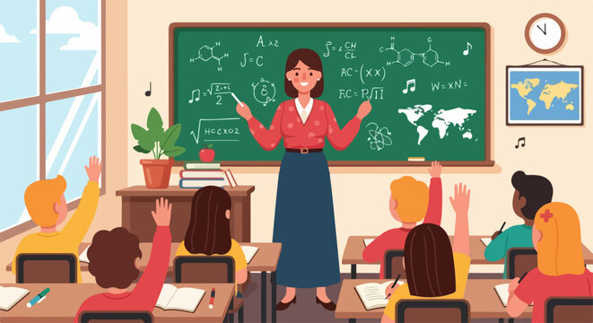 Educational classroom illustration with teacher instructing diverse students at chalkboard. School environment features globe, plants, and interactive learning. Vector concept for teaching materials,