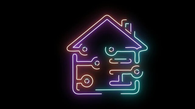 Smart home automation neon animation: connected house technology and io t concept internet of iot