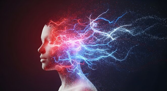 Silhouette of a human profile with electrical sparks. Neural pathways and brain activity. Side view of a face dissolving into red and blue lightning representing thought power