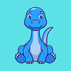Cute Cartoon Blue Dinosaur Sitting Illustration - Adorable Baby Brachiosaurus Vector Character for Kids and Nursery Design © Rara