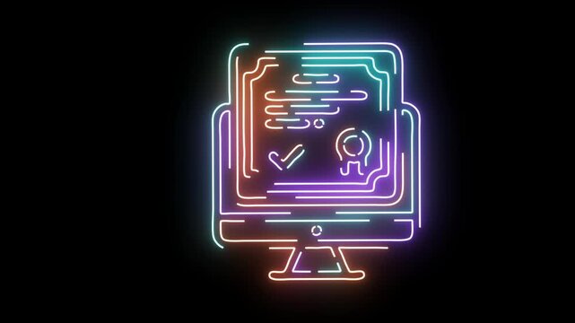 Neon digital certificate on computer screen animation: online education, e-learning, and certification concept