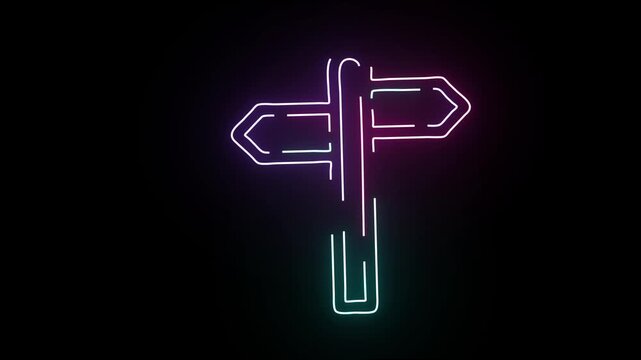 Neon glowing directional signpost animation, minimalist dual-color path finder on black background