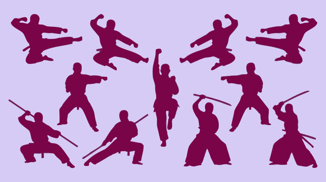 Martial Arts Silhouettes Set with Various Fighting and Weapon Poses