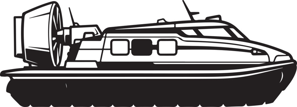 Hovercraft, Air Cushion Vehicle, Vector Illustration, Black and White