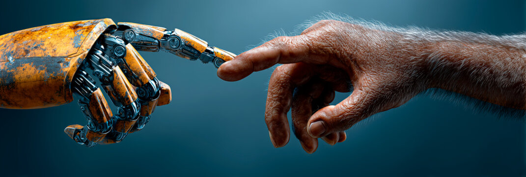 The robot's hand and monkey hand, evolution from primates concept. Banner