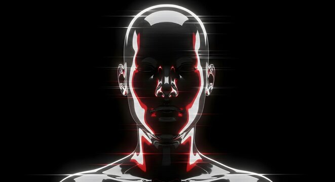 High tech chrome human head with glowing red accents. Cybernetic enhancement and robot evolution concept. Cyborg face with digital line distortion and scanlines on dark background