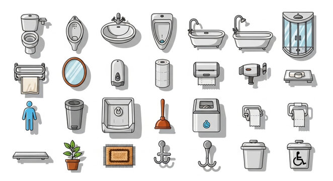 Collection of bathroom fixtures and accessories illustrated.
