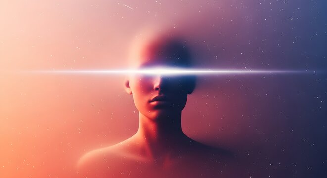 Human face silhouette with a bright horizontal light beam across the eyes. Hidden vision and secret knowledge concept. Person figure emerging from a starry cosmic nebula and stardust
