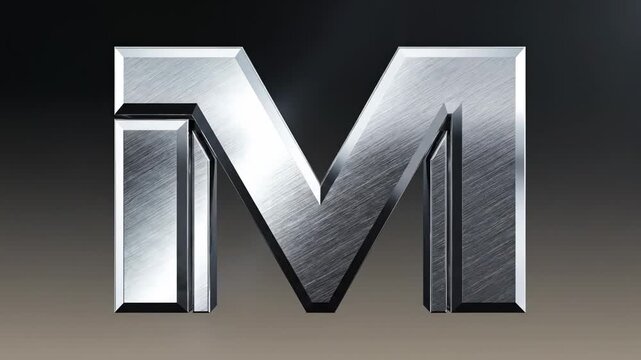 The highly polished metallic letter M, rendered with realistic brushed metal textures and dramatic lighting, evokes a sense of strength, luxury, and industrial sophistication perfect