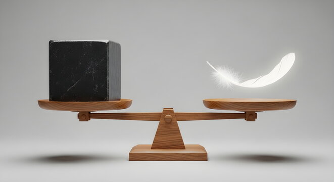 Concept of balance and weight contrast between rock and feather on scales