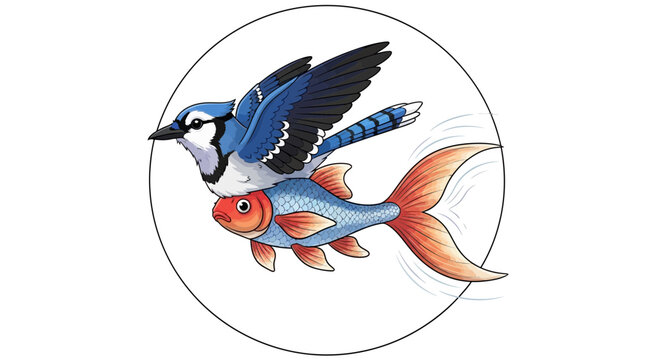 Surreal Illustration of a Blue Jay Bird Flying with a Goldfish