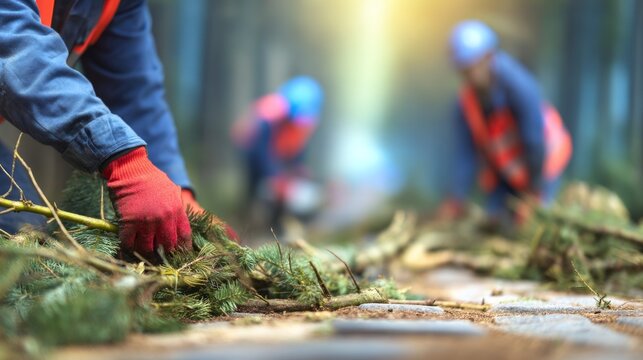 Worker in protective gear handling pine branch with blurred forest background