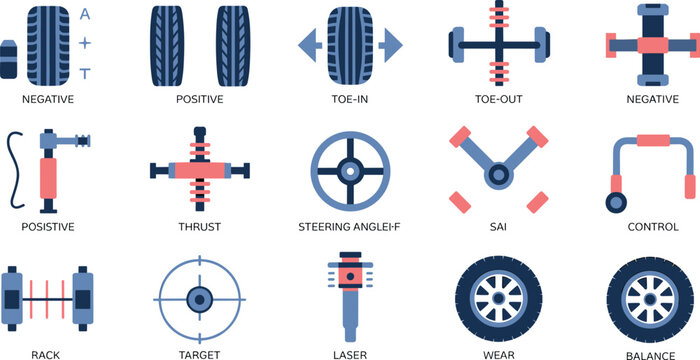 Large collection of wheel alignment icons featuring tire camber toe-in suspension thrust steering angle and vehicle diagnostic symbols in flat vector style