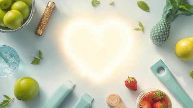 Glowing heart shape surrounded by fresh fruits, vegetables, and fitness items on bright surface for healthy lifestyle and nutrition care