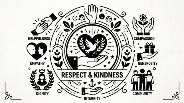 Respect and Kindness Symbols Circle with Hands Heart Dove and People.