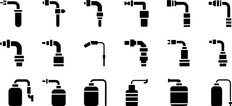 Large collection of industrial welding torch icons including gas tanks pressure nozzles and metalwork tools in minimalist black silhouette vector style