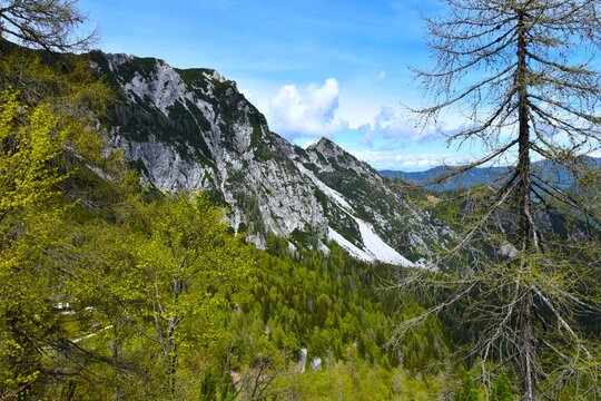 Mountains in Julian alps at Vr&scaron;ič in Gorenjska, Slovenia in springtime