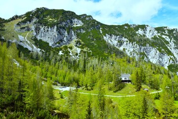View of Erjavčeva koča bellow the mountains at Vršič in Julian alps, Gorenjska, Slovenia © kato08