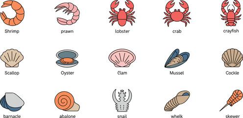 Large collection of seafood and shellfish icons featuring shrimp prawn lobster crab scallop oyster clam mussel snail and skewer illustrations © Md