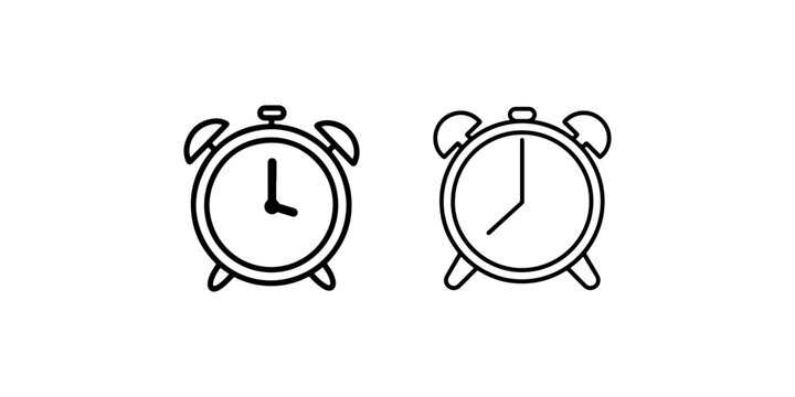 Two alarm clock icons showing different times on faces, representing time, schedule, punctuality, wake-up call, and time management concept, outline art.