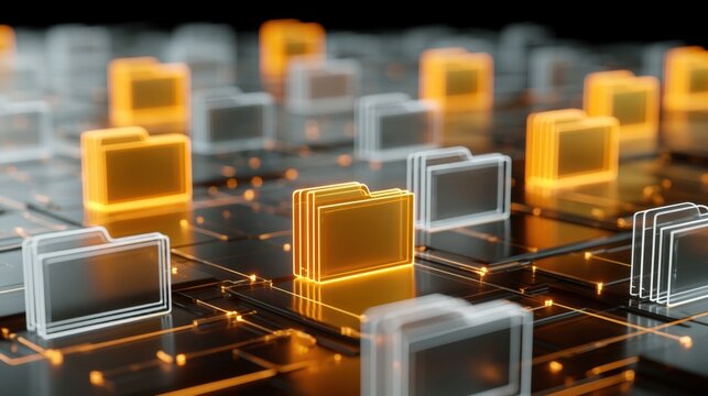 Digital network concept with glowing folder icons representing data storage security and file management on futuristic high tech circuit board interface