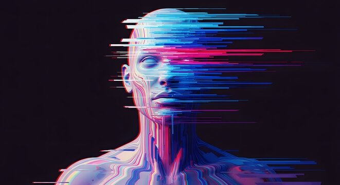 Cybernetic human head dissolving into digital glitch fragments and streaks. Artificial intelligence and data loss. Android profile shattering into colorful electronic pixels