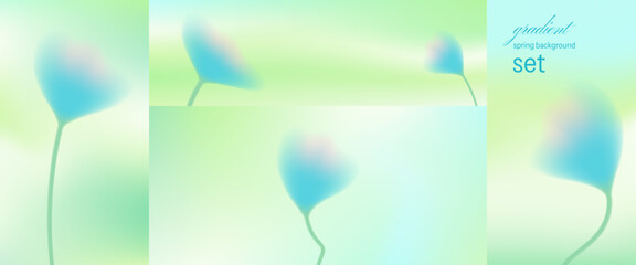 Obraz premium Floral gradation background set with delicate pastel and gradient flower for poster pack. Blur soft shadow in green lime with spring tulip. Vector floral gradient.