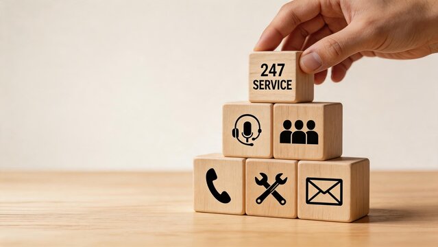 Pyramid structure of customer care and communication channels built with wooden blocks, featuring icons for phone email repair headset topped with 247 service.