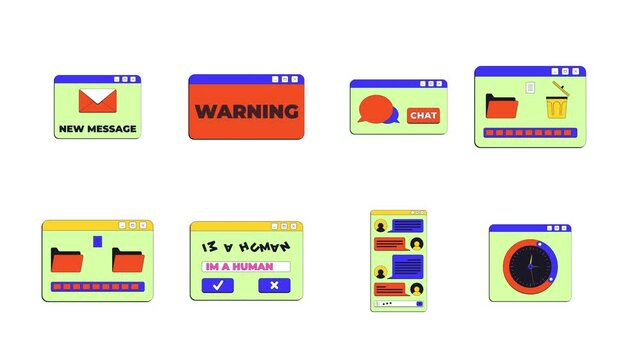 Versatile neo brutalism popup UI windows animation set. New message notification. Warning dialogue. File transfer and delete. Interface elements motion. Retro Y2K UX design 4K video collection