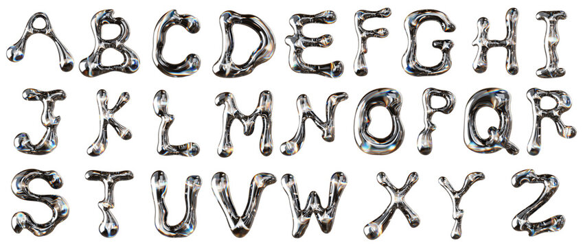 Volumetric Iridescent Glass Letter A to Z with Y2K Aesthetic set, 3d Rendering.