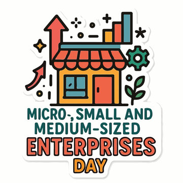 Colorful illustration celebrating micro small and medium sized enterprises day featuring a shop icon with growth charts and business symbols
