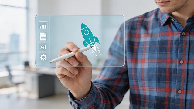 Man in plaid shirt drawing rocket launch icon on transparent futuristic screen interface with AI artificial intelligence menu options, representing startup innovation.