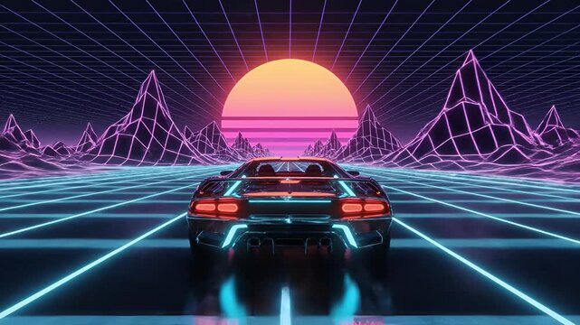 Retro Futuristic Sports Car Driving Towards Neon Sunset Grid Landscape.