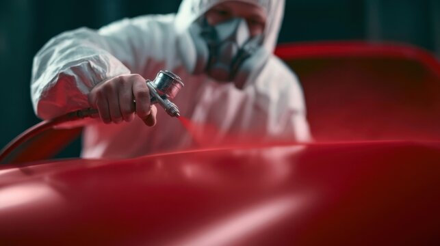 Man in protective suit and mask spray painting red car surface in workshop with professional equipment close-up detail of automotive paint application process