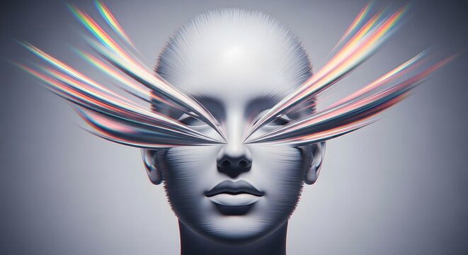 Abstract digital human face with rainbow light rays. Futuristic vision and optical perception. Artificial intelligence head with colorful spectrum energy beams