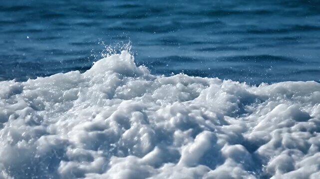 Ocean wave cresting with spray against a blue background daylight