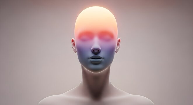 Minimalist human bust with glowing head gradient. Emotional intelligence and heat mapping concept. Person with a warm aura representing thought and awareness