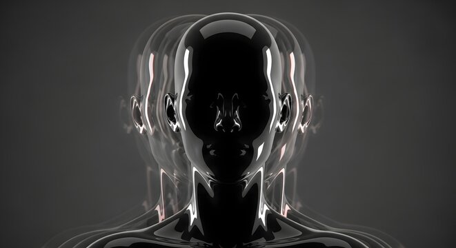 Glossy black mannequin head with motion trailing. Multiple personalities and psychological echo. Dark reflective bust showing repetitive movement in shadows