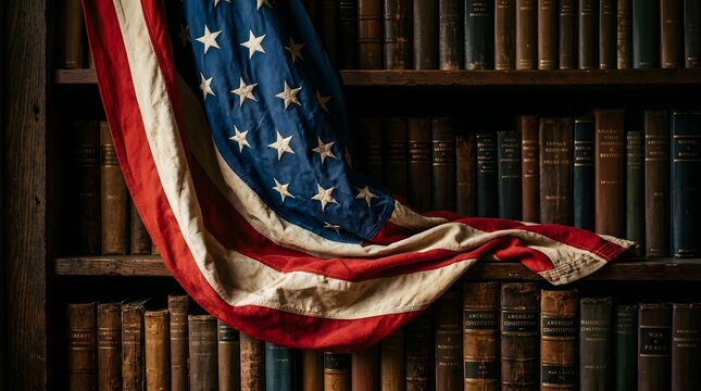 Flag day still life american flag with historical books and documents