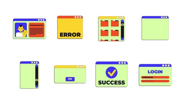 Various system dialog neo brutalism popup UI windows animation set. Error success status. Login form. Folders scrollbar. Interface elements motion transparent. Retro Y2K UX design 4K video collection