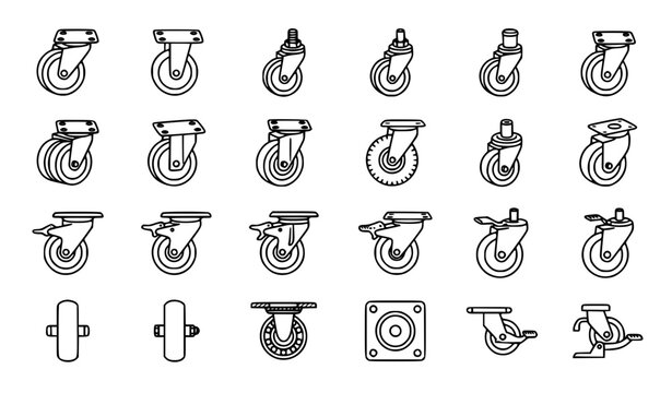 Casters and Wheel Icon Vector Set Including Swivel, Fixed, Furniture, and Industrial Rollers for Furniture, Industrial, and Stock Designs