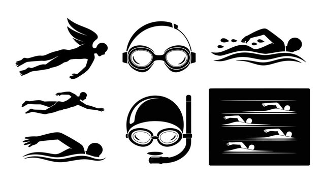 Swimming icons set with diver and goggles on white background