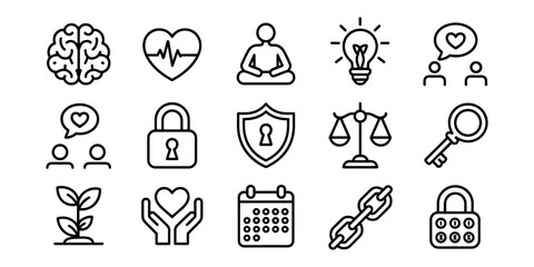 Fototapeta premium Black line of brain heart person meditating lightbulb conversation people plant hands holding heart calendar chain locks shield scales key
