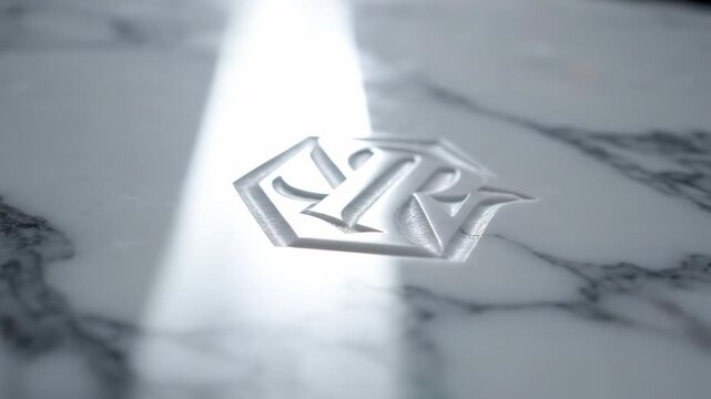 A luminous geometric emblem reflecting a beam of bright light across a polished marbled surface, suggesting luxury and refined artistry with its metallic sheen and angular design