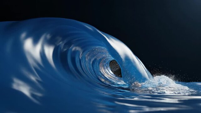 A powerful, translucent blue ocean wave barrels forward, its crest lit by unseen sunlight creating dramatic reflections and showcasing the fluid dynamics of the turbulent water against a deep