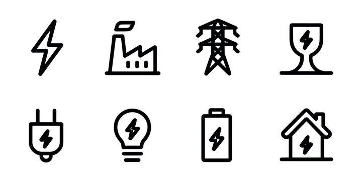 Set of eight black line representing electricity and power generation energy symbol lightning bolt in white background