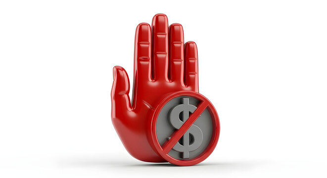 A high-quality 3D render of a glossy red hand in a stop gesture with a prohibited dollar sign, representing Bribery Prevention, corporate ethics, and a strong stance against financial corruption.