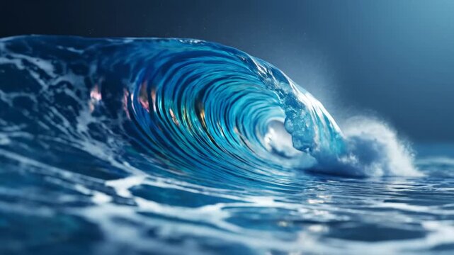 A powerful ocean wave barrels with translucent blue water, showcasing intricate swirling patterns and frothy foam as it crests in the deep sea under moody, atmospheric lighting