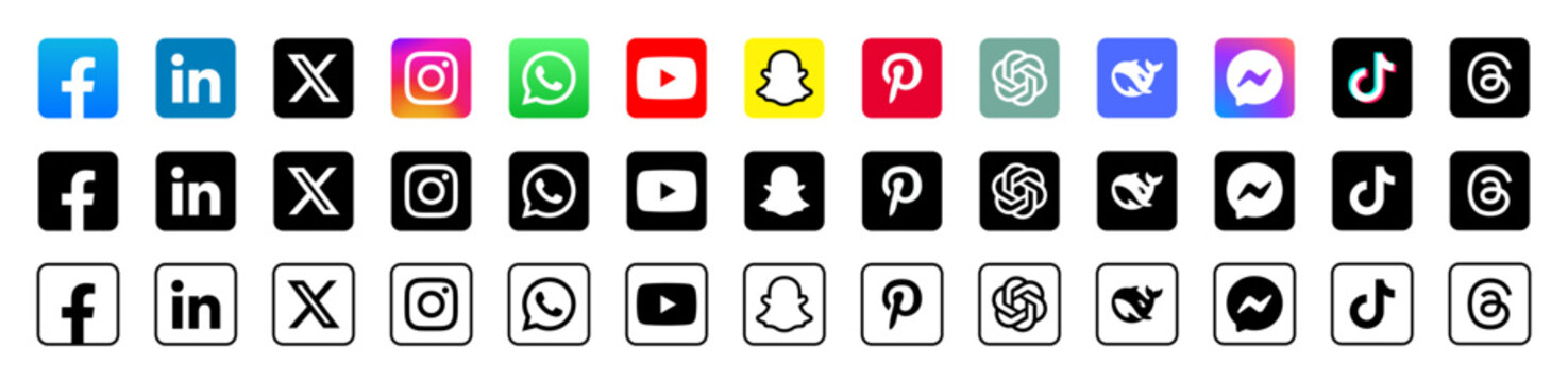 Instagram, Facebook, X, Youtube, WhatsApp, Pinterest, Linkedin, Snapchat - collection of popular social media icons. Editorial only.